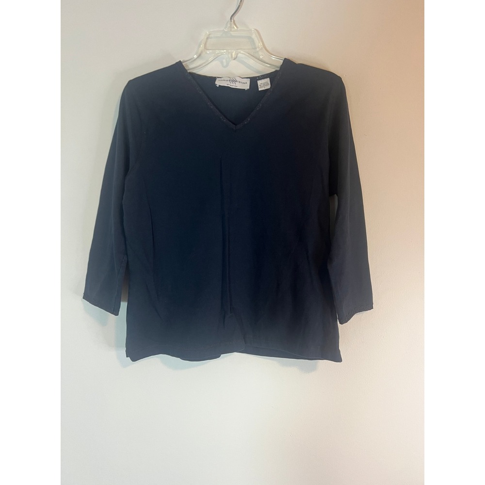 Marisa Christina Stretch Navy Blue V-Neck Lace Trim 3/4 Sleeve Top Large